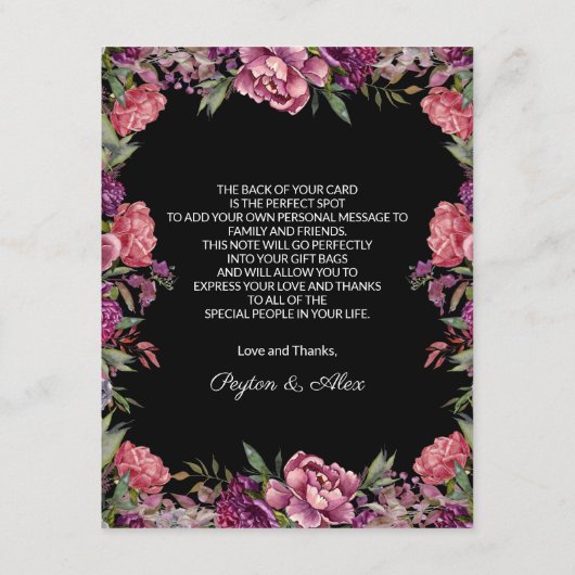 パープルピンクフローラブラック結婚の歓迎 エンクロージャーカード (裏面)
