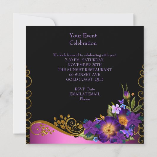 パープルピンクフローラブラック金ゴールド誕生日パーティー 招待状 (裏面)