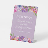 パープルピンクフローラベビーガールシャワーゲストブック 台座サイン (正面)