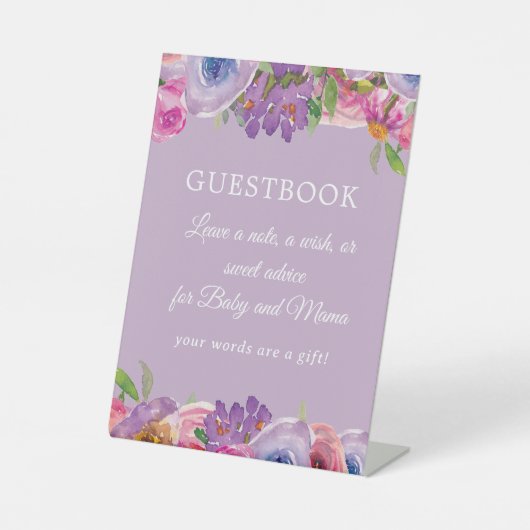パープルピンクフローラベビーガールシャワーゲストブック 台座サイン (正面)