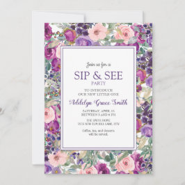 パープルピンクフローラベビーガールsipシャワーを参照 招待状