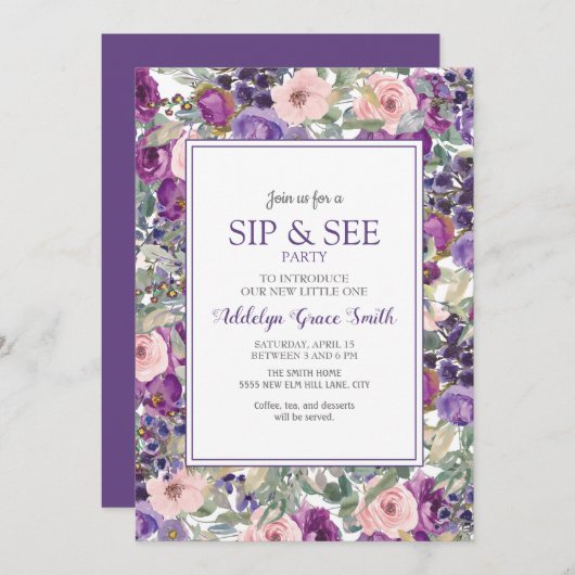 パープルピンクフローラベビーガールsipシャワーを参照 招待状 (正面/裏面)