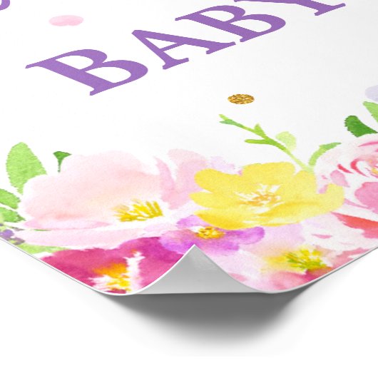 パープルピンクフローラベビーシャワー誕生日へようこそ ポスター (角)