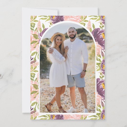 パープルピンクフローラメイスンジャール写真ブライダルシャワー 招待状 (裏面)