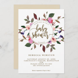 パープルピンクフローラリースベビーシャワー招待状 招待状