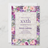パープルピンクフローラレースエイジ誕生日 招待状 (正面)