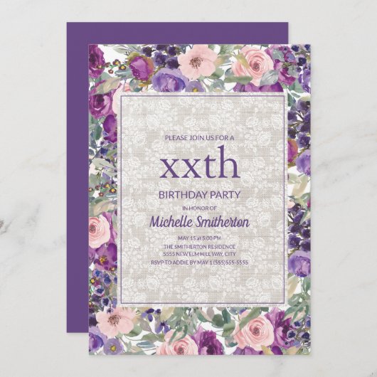 パープルピンクフローラレースエイジ誕生日 招待状 (正面/裏面)
