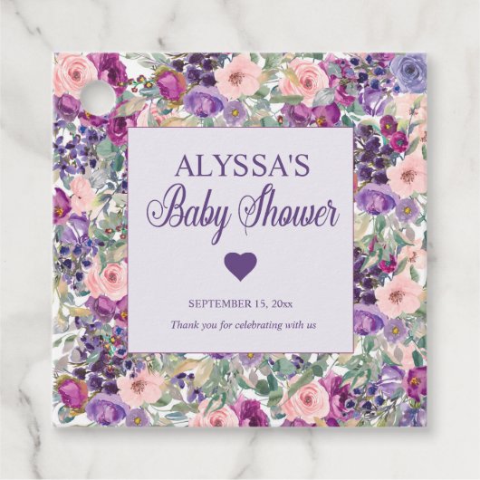 パープルピンクフローラ小さな女の子ベビーシャワー フェイバータグ (正面)