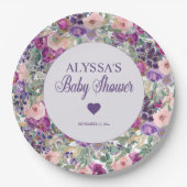 パープルピンクフローラ小さな女の子ベビーシャワー ペーパープレート (正面)