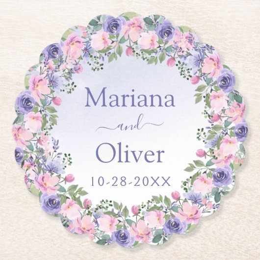 パープルピンクフローラ結婚ズ ペーパーコースター (正面)