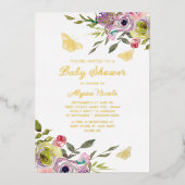 パープルピンクフローラ蝶ゴールドフォイルベビー 箔招待状 (正面)