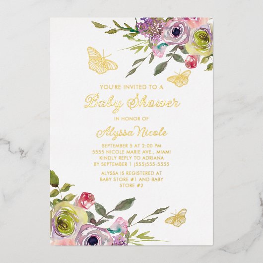 パープルピンクフローラ蝶ゴールドフォイルベビー 箔招待状 (正面)