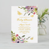 パープルピンクフローラ蝶ゴールドフォイルベビー 箔招待状 (立ち正面)