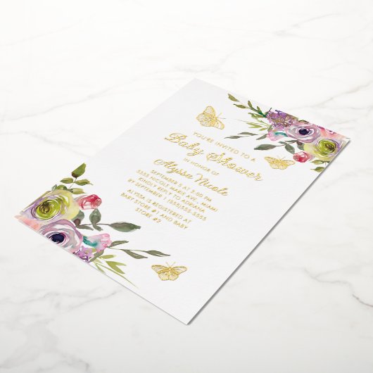 パープルピンクフローラ蝶ゴールドフォイルベビー 箔招待状 (回転した状態)