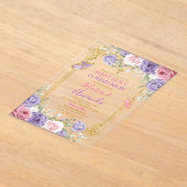 パープルピンクフローラ金ゴールドクロストファースト聖餐式 アクリル招待状 (レイダウン)