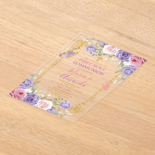 パープルピンクフローラ金ゴールドクロストファースト聖餐式 アクリル招待状 (レイダウン)