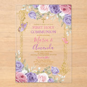 パープルピンクフローラ金ゴールドクロストファースト聖餐式 アクリル招待状 (正面)
