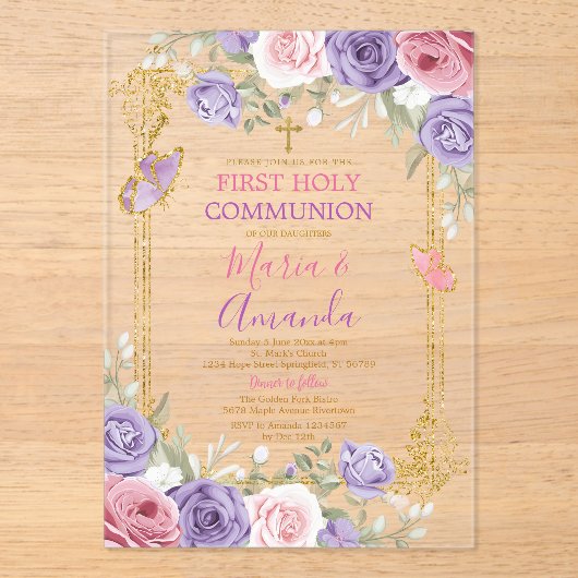 パープルピンクフローラ金ゴールドクロストファースト聖餐式 アクリル招待状 (正面)