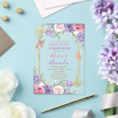 パープルピンクフローラ金ゴールドクロストファースト聖餐式 アクリル招待状 (インサイチュ (ウェディング))