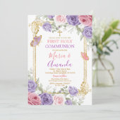 パープルピンクフローラ金ゴールドクロストファースト聖餐式 招待状 (スタンド正面)