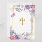 パープルピンクフローラ金ゴールドクロストファースト聖餐式 招待状 (裏面)