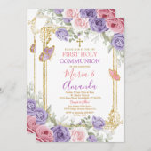 パープルピンクフローラ金ゴールドクロストファースト聖餐式 招待状 (正面/裏面)