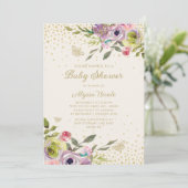 パープルピンクフローラ金ゴールドグリッター蝶ベビー 招待状 (スタンド正面)