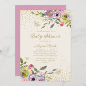 パープルピンクフローラ金ゴールドグリッター蝶ベビー 招待状 (正面/裏面)