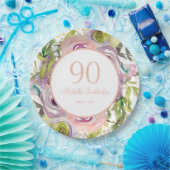 パープルピンクフローラ金ゴールドグリッター90誕生日 ペーパープレート (パーティー)