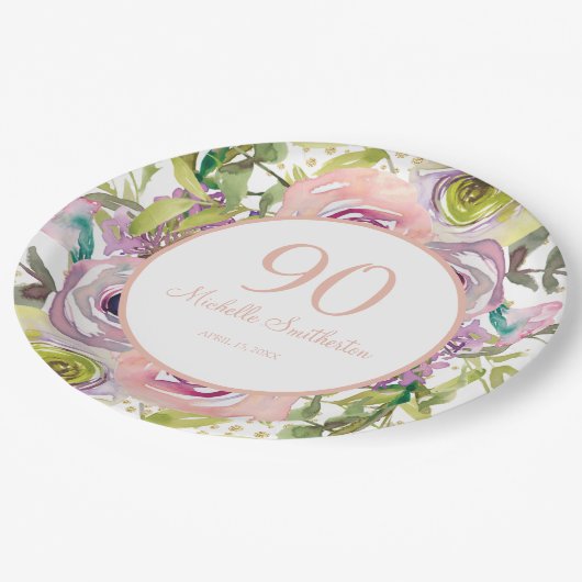 パープルピンクフローラ金ゴールドグリッター90誕生日 ペーパープレート (アングル)