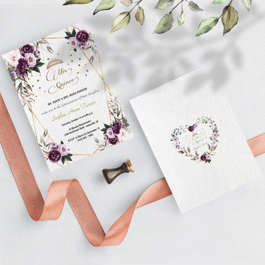 パープルピンクフローラ金ゴールドミスカインスキンセアニラ 招待状