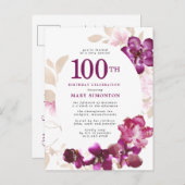 パープルピンクフローラ100誕生日 インビテーションポストカード (正面/裏面)