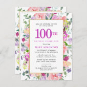 パープルピンクフローラ100誕生日 インビテーションポストカード (正面/裏面)