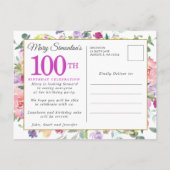 パープルピンクフローラ100誕生日 インビテーションポストカード (裏面)