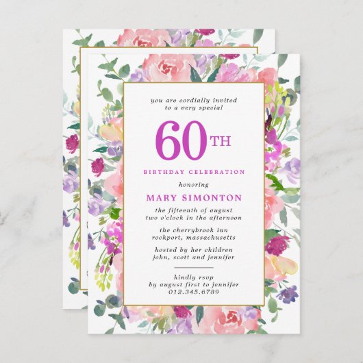 パープルピンクフローラ60誕生日 インビテーションポストカード (正面/裏面)