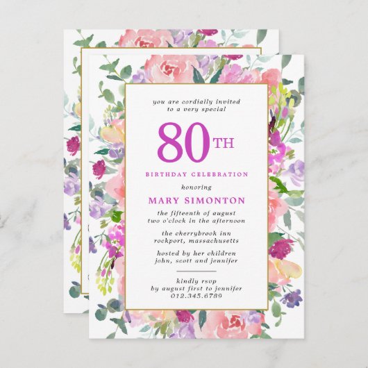 パープルピンクフローラ80誕生日 インビテーションポストカード (正面/裏面)
