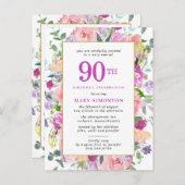 パープルピンクフローラ90誕生日 インビテーションポストカード (正面/裏面)
