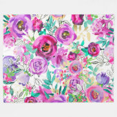 パープルピンクブライトカラフルシックモダンフローラ フリースブランケット (正面(横))