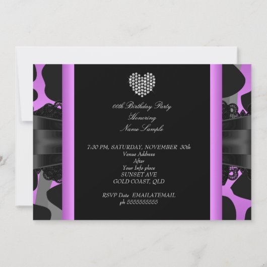 パープルピンクブラックダイヤモンドハート誕生日パーティー 招待状 (裏面)
