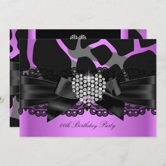 パープルピンクブラックダイヤモンドハート誕生日パーティー 招待状 (正面/裏面)