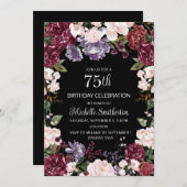 パープルピンクブルゴーニュフローラブラック75誕生日 招待状 (正面/裏面)