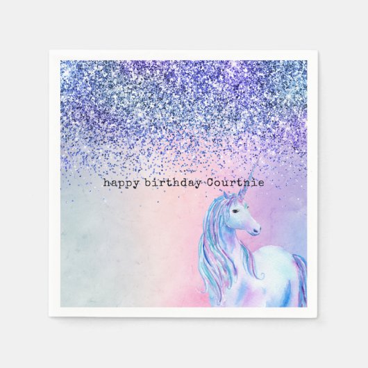 パープルピンクブルーグラデーショングリッターユニコーン スタンダードカクテルナプキン (正面)