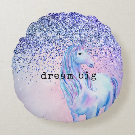 パープルピンクブルーグラデーショングリッターユニコーン ラウンドクッション (正面)