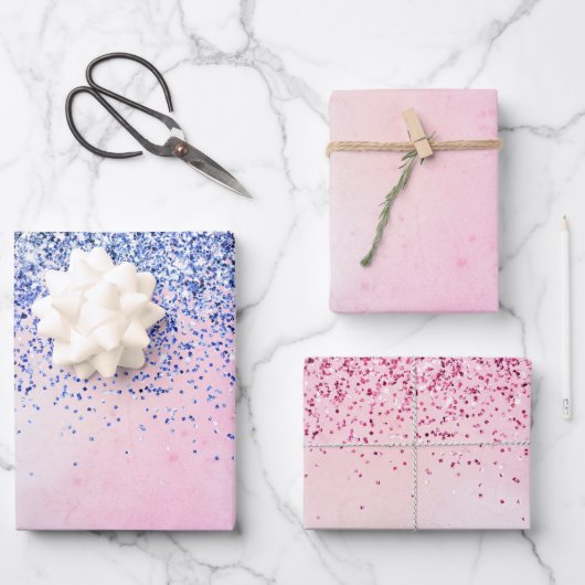 パープルピンクブルーグラデーショングリッター ラッピングペーパーシート (正面)