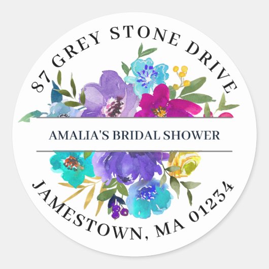 パープルピンクブルーフローラ差出人住所ラベル ラウンドシール (正面)