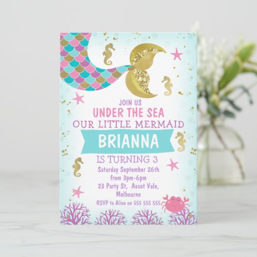 パープルピンクブルーマーメイドテール誕生日 招待状 (スタンド正面)
