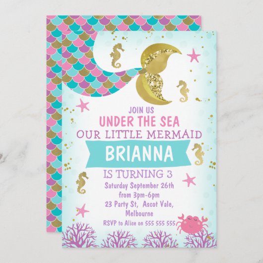 パープルピンクブルーマーメイドテール誕生日 招待状 (正面/裏面)