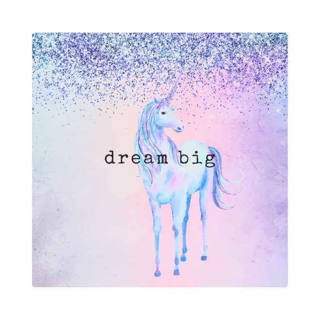 パープルピンクブルーユニコーングラデーショングリッター メタルプリント (正面)