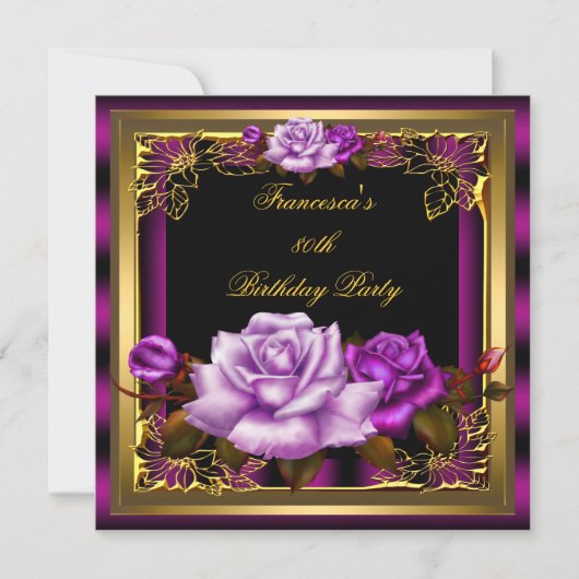 パープルピンクプラムバラ金ゴールドエレガント誕生日5 招待状 (正面)