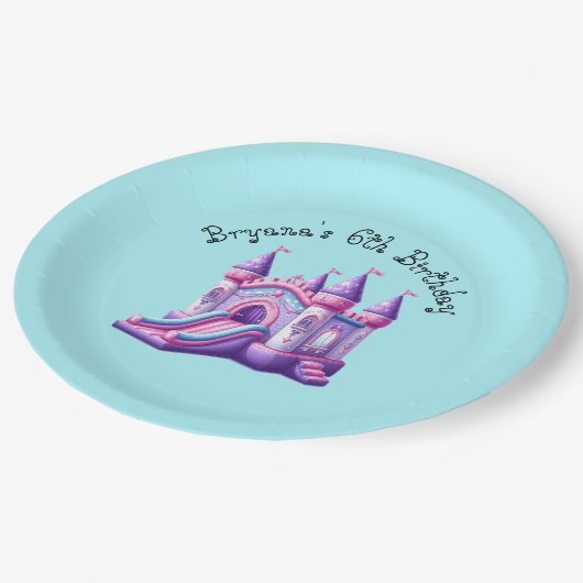 パープルピンクプリンセスキャッスルバウンスハウスパーティー ペーパープレート (アングル)